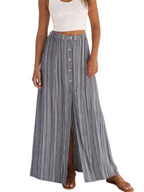 Hollister Striped Maxi Skirt Blue Gray Front Slit Boho Coastal Hamptons Small